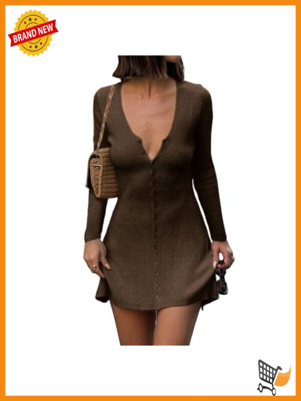 Women Ribbed Knit Button Down V Neck Long Sleeve Mini Sweater Dress - Picture 1 of 2